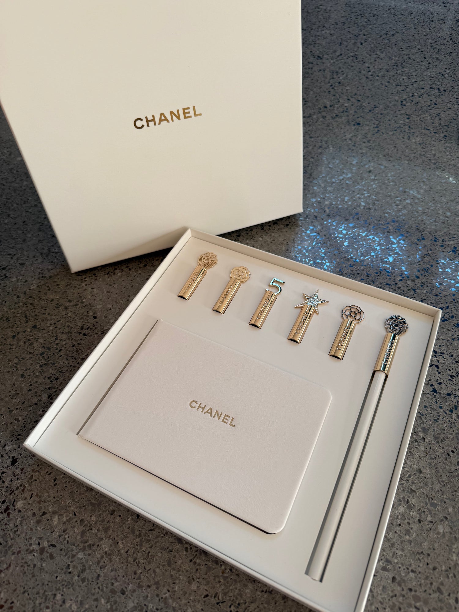 Chanel Novelty Notebook Pencil Cap Set Stationery