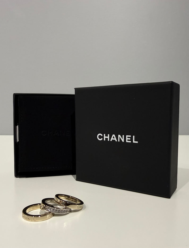 Authentic CHANEL 26P 3-Piece Stackable CC Logo Ring Set – Gold & Silver Tone