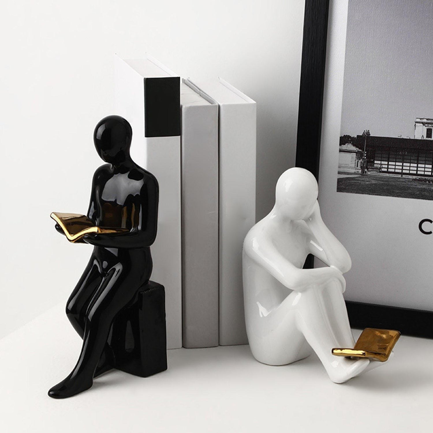 Pair of Ceramic Human Statues Reading Bookend Abstract Figurines