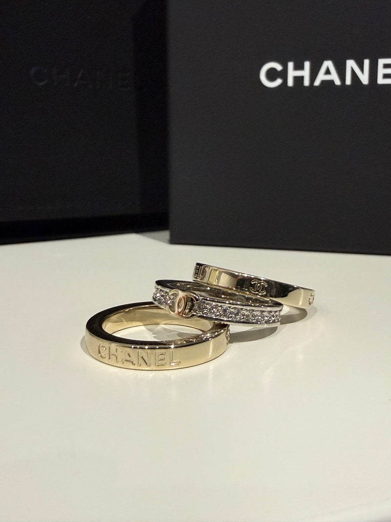 Authentic CHANEL 26P 3-Piece Stackable CC Logo Ring Set – Gold & Silver Tone