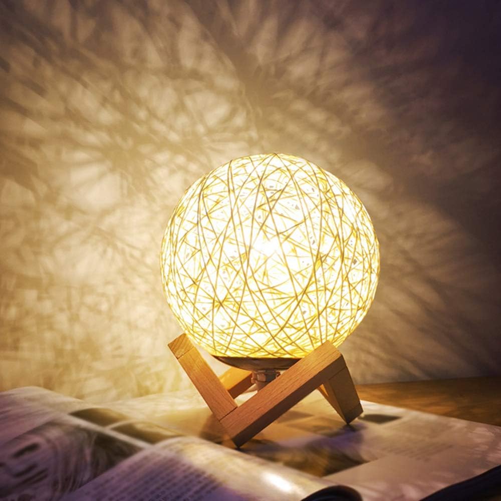 Wooden Stand Spherical Rattan Moon Shape LED Table Lamp with USB Switch