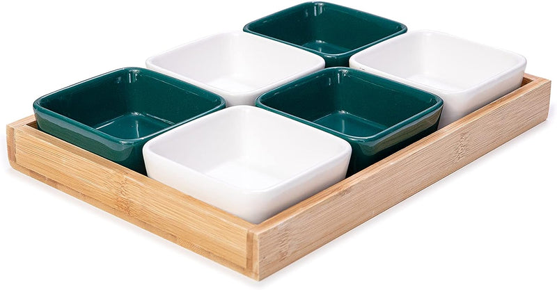 Sauce Dish Square Ceramic Dip Bowls Set with Bamboo Tray