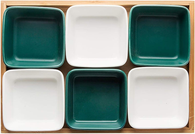 Sauce Dish Square Ceramic Dip Bowls Set with Bamboo Tray