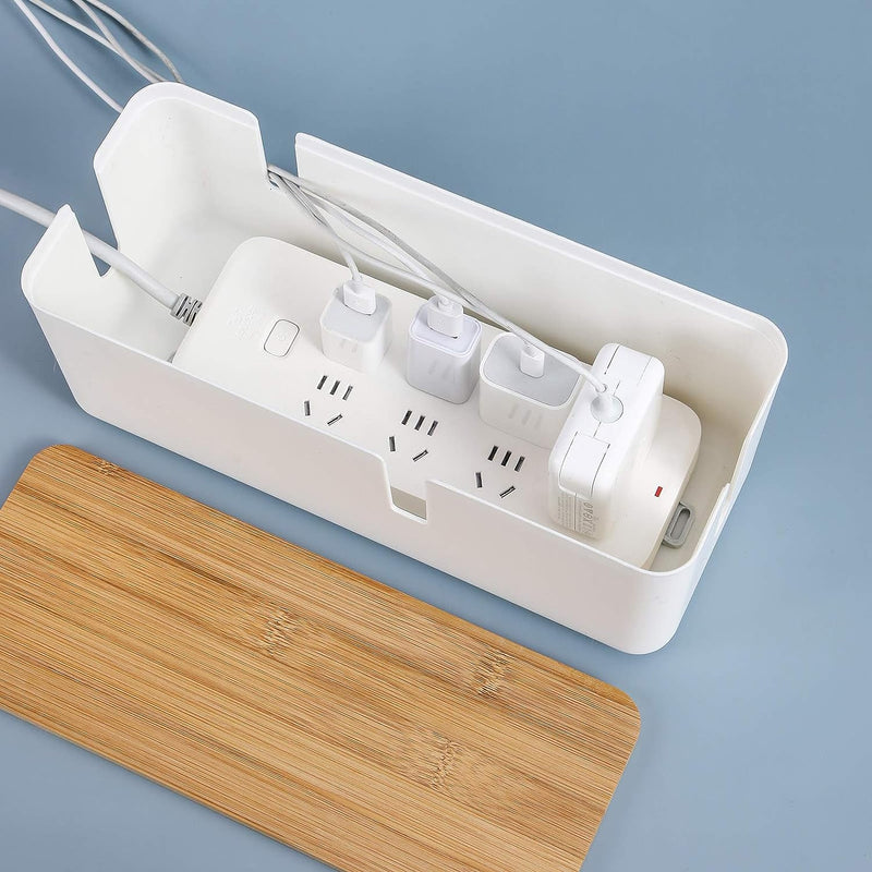 Cable Management Box with Bamboo Lid for Extension Cord Power Stripe Surge Protector Wire Concealer Organizer