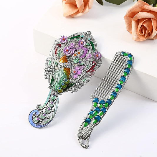 High-end Luxury Antique Brass Jeweled Foldable Portable Hand Mirror And Comb Set