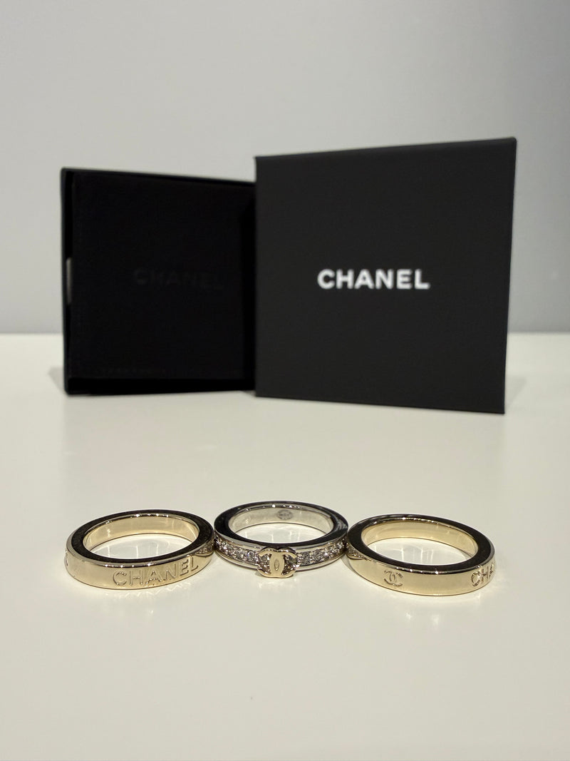 Authentic CHANEL 26P 3-Piece Stackable CC Logo Ring Set – Gold & Silver Tone