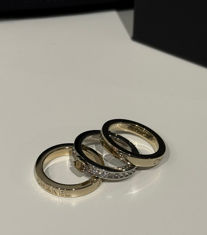 Authentic CHANEL 26P 3-Piece Stackable CC Logo Ring Set – Gold & Silver Tone