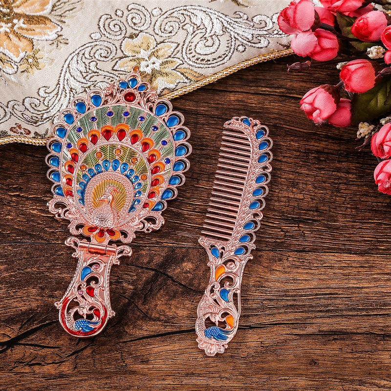 High-end Luxury Antique Brass Jeweled Foldable Portable Hand Mirror And Comb Set