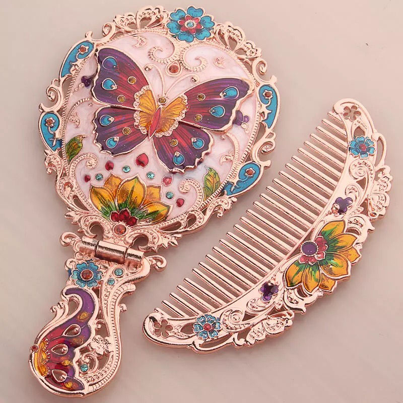 High-end Luxury Antique Brass Jeweled Foldable Portable Hand Mirror And Comb Set