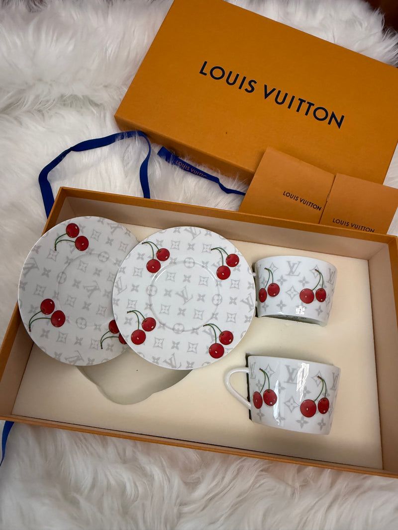 LV x TM Set of 2 Teacups and Saucers Takashi Murakami Cherries Brand New