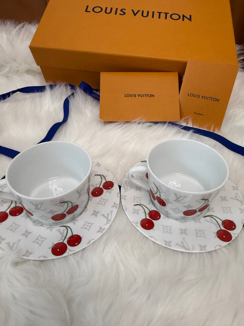 LV x TM Set of 2 Teacups and Saucers Takashi Murakami Cherries Brand New