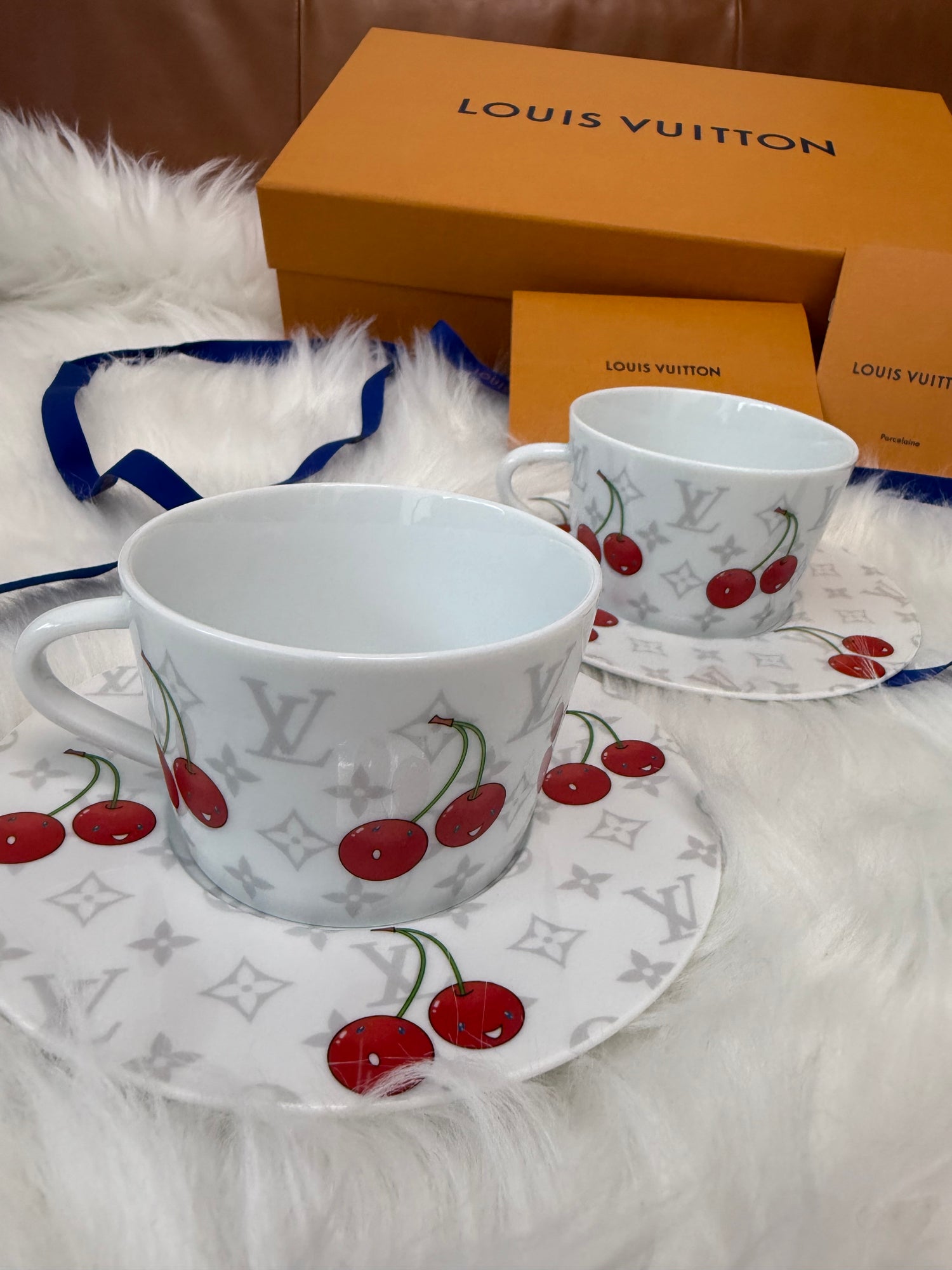 LV x TM Set of 2 Teacups and Saucers Takashi Murakami Cherries Brand New