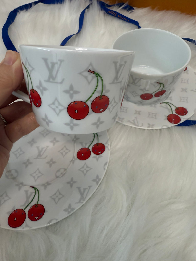 LV x TM Set of 2 Teacups and Saucers Takashi Murakami Cherries Brand New
