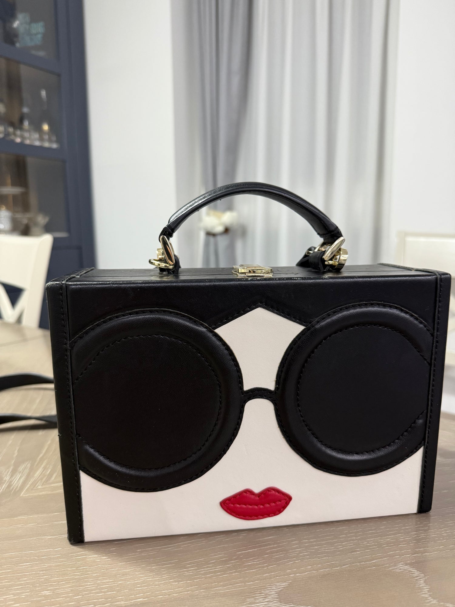 Alice & Olivia Stacey Face Clutch Bag Black Leather With Removable Strap