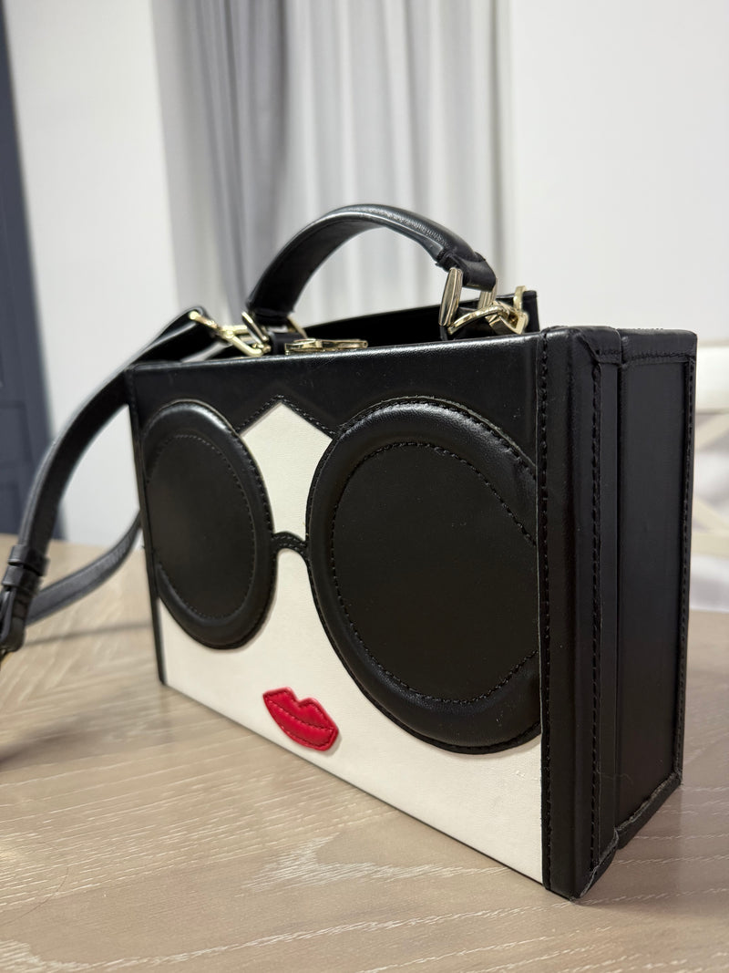 Alice & Olivia Stacey Face Clutch Bag Black Leather With Removable Strap