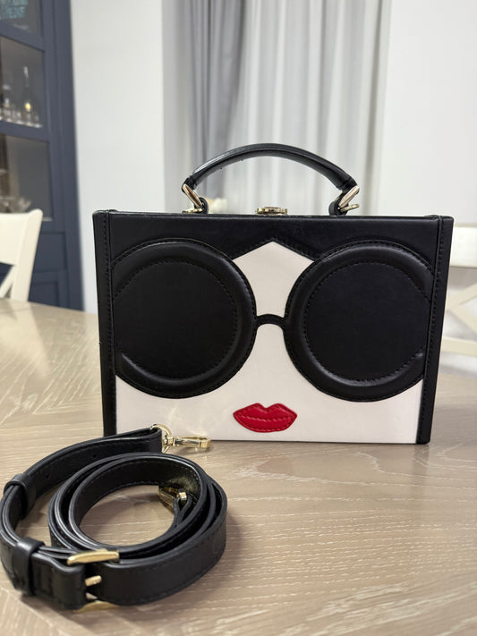 Alice & Olivia Stacey Face Clutch Bag Black Leather With Removable Strap