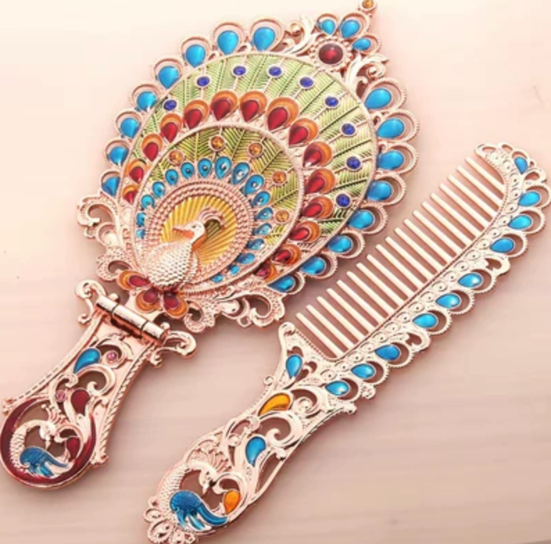 High-end Luxury Antique Brass Jeweled Foldable Portable Hand Mirror And Comb Set