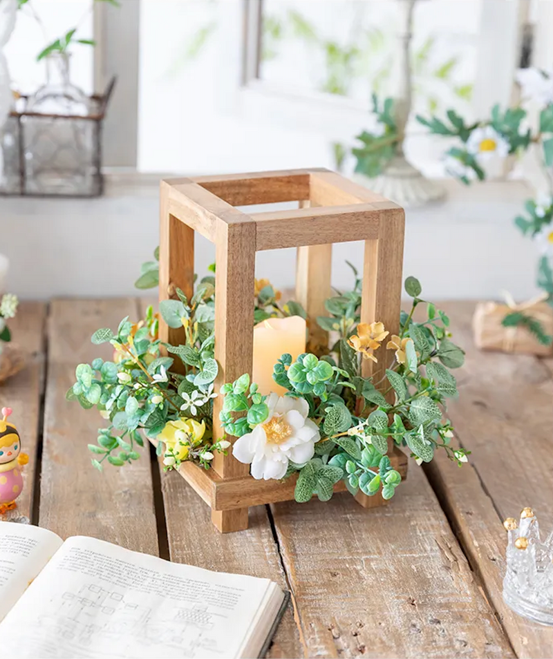 Wood Lantern Candle Holders with Artificial Flower