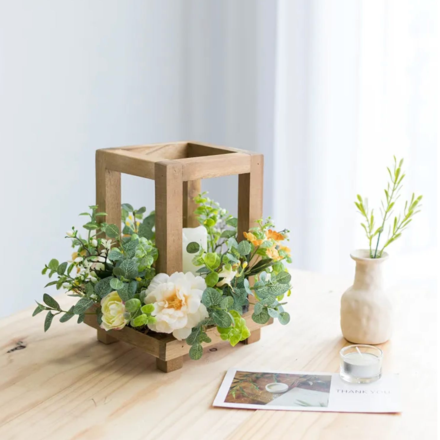 Wood Lantern Candle Holders with Artificial Flower