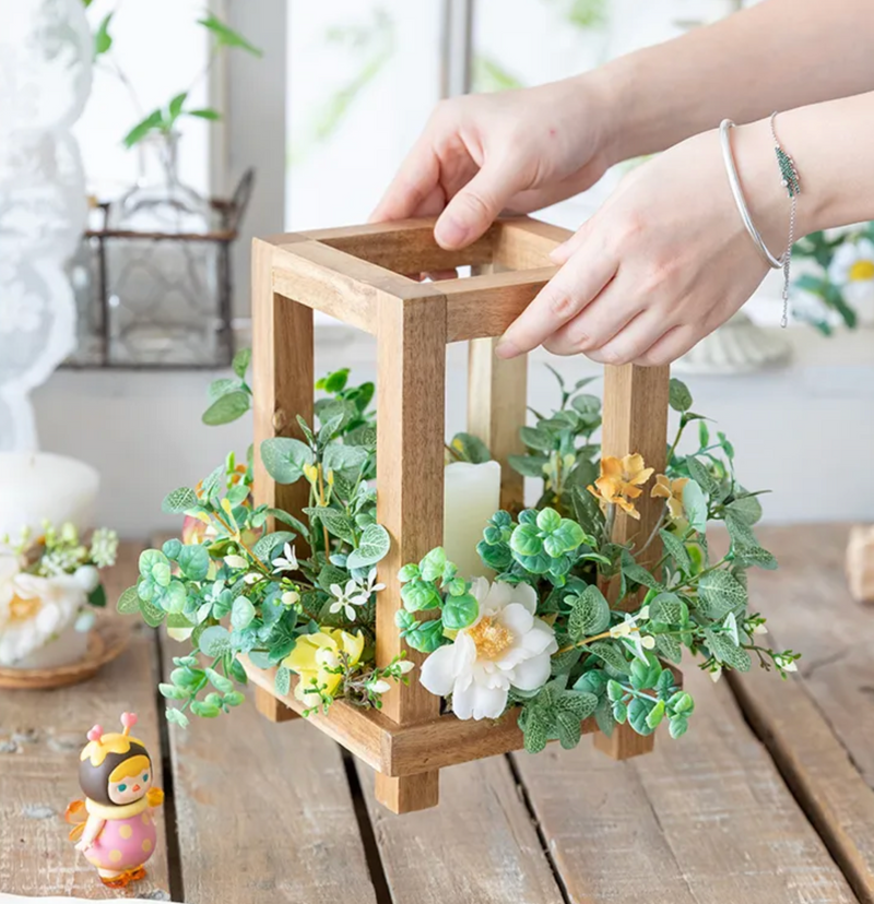 Wood Lantern Candle Holders with Artificial Flower