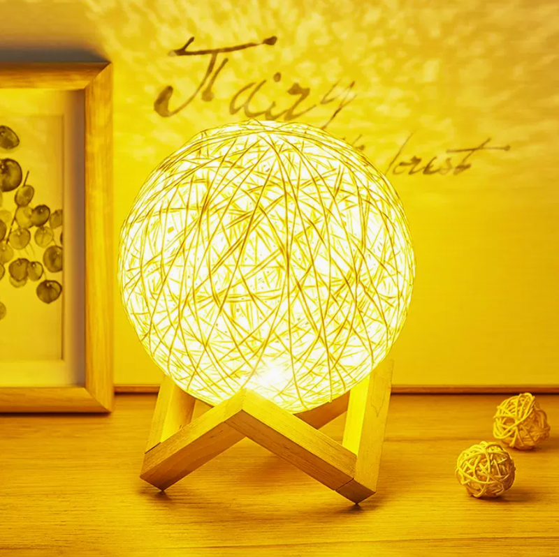 Wooden Stand Spherical Rattan Moon Shape LED Table Lamp with USB Switch