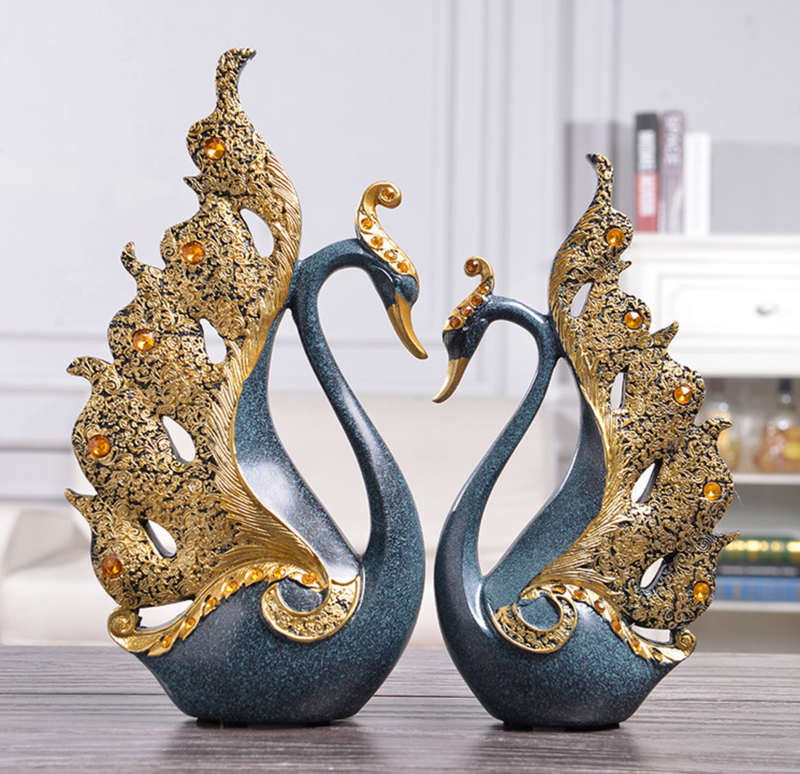 Pair of Luxury Resin Couple Swan Sculpture Art Craft Decoration
