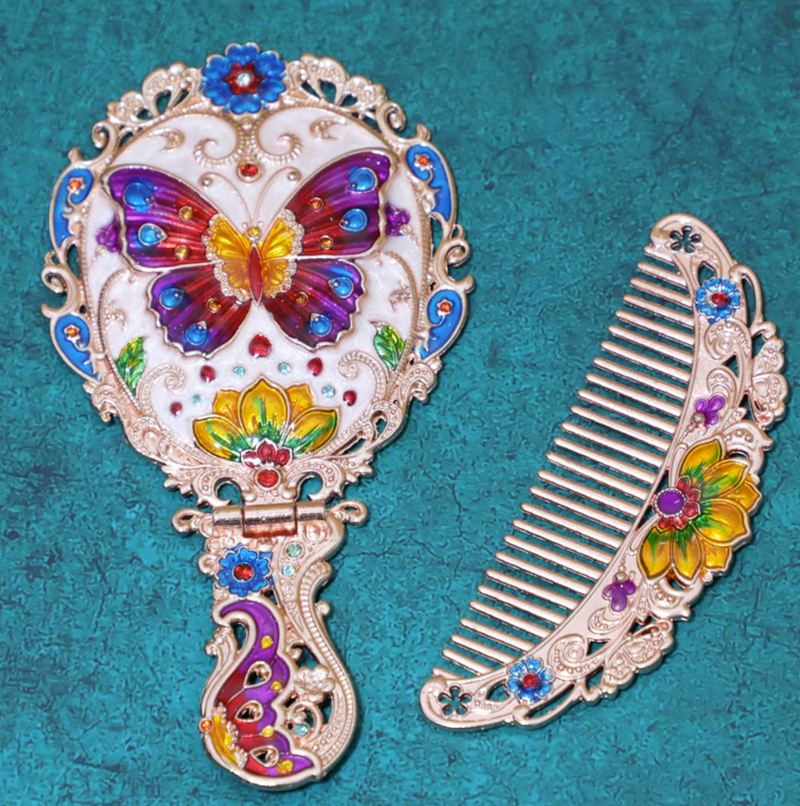 High-end Luxury Antique Brass Jeweled Foldable Portable Hand Mirror And Comb Set