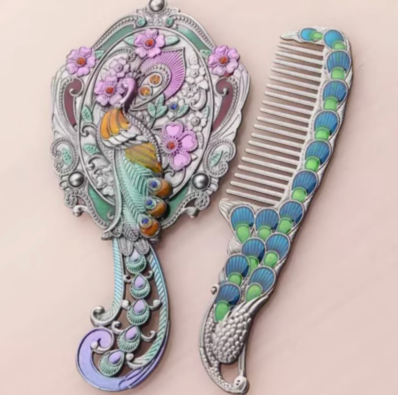 High-end Luxury Antique Brass Jeweled Foldable Portable Hand Mirror And Comb Set