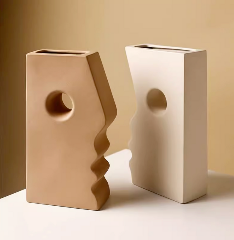 1 Pair Ceramic Abstract Face Flower Vase Layout Figurine