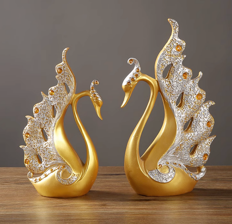 Pair of Luxury Resin Couple Swan Sculpture Art Craft Decoration