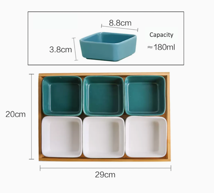 Sauce Dish Square Ceramic Dip Bowls Set with Bamboo Tray