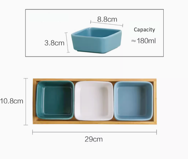 Sauce Dish Square Ceramic Dip Bowls Set with Bamboo Tray