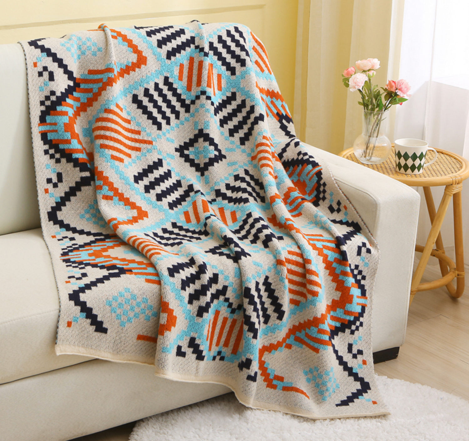 Tassel Bohemian Ethnic Style Vintage Geometric Pattern Cozy Knitted Throw Blanket
