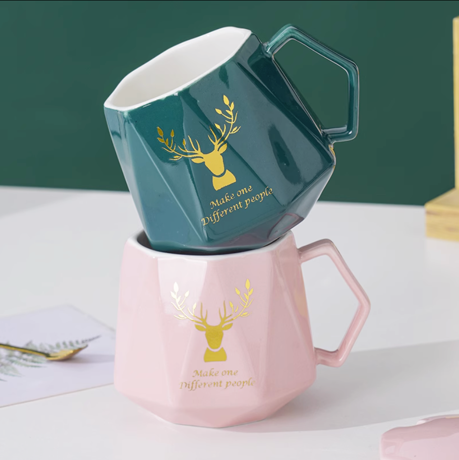 Nordic Ceramic Deer Coffee Tea Mug Office Cup Drinkware With Spoon Lid