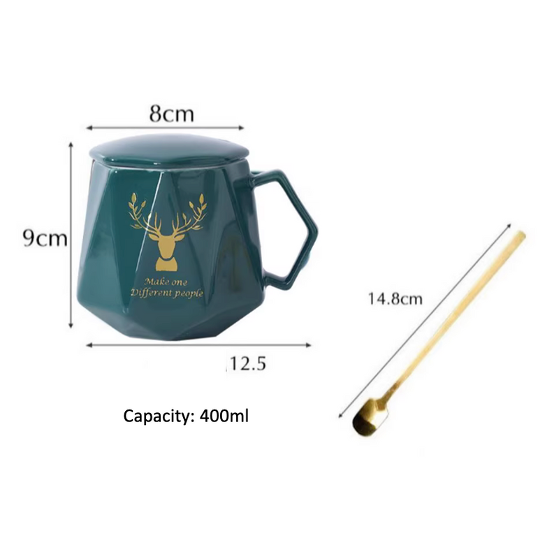 Nordic Ceramic Deer Coffee Tea Mug Office Cup Drinkware With Spoon Lid