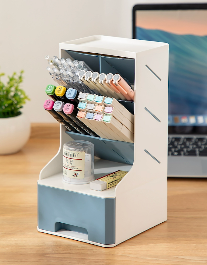 Leadthin Stationery Storage Box with Drawer 4 Grids Pen Holder