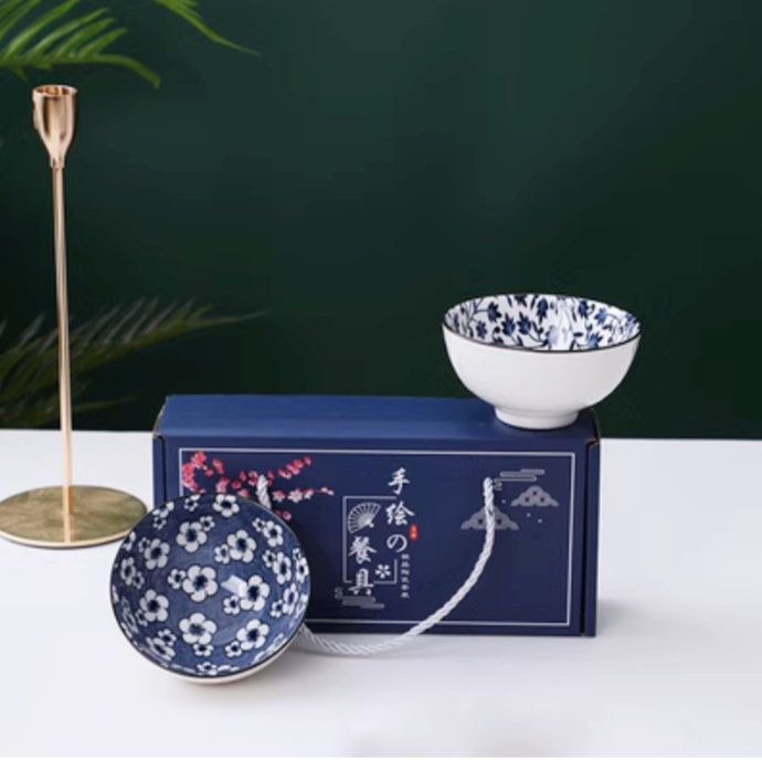 Traditional Japanese Style Rice Ceramic 2 or 4 Bowls Tableware