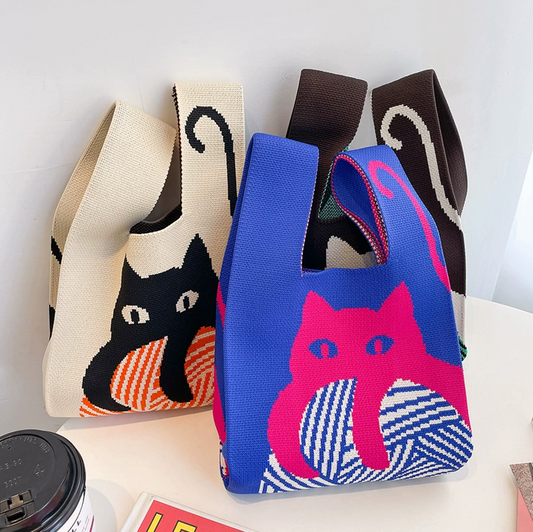 Patterned Cat Grocery Knitted Handbag Shopping Bag