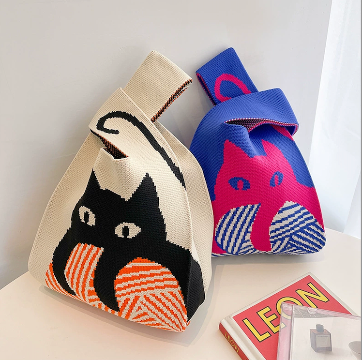 Patterned Cat Grocery Knitted Handbag Shopping Bag