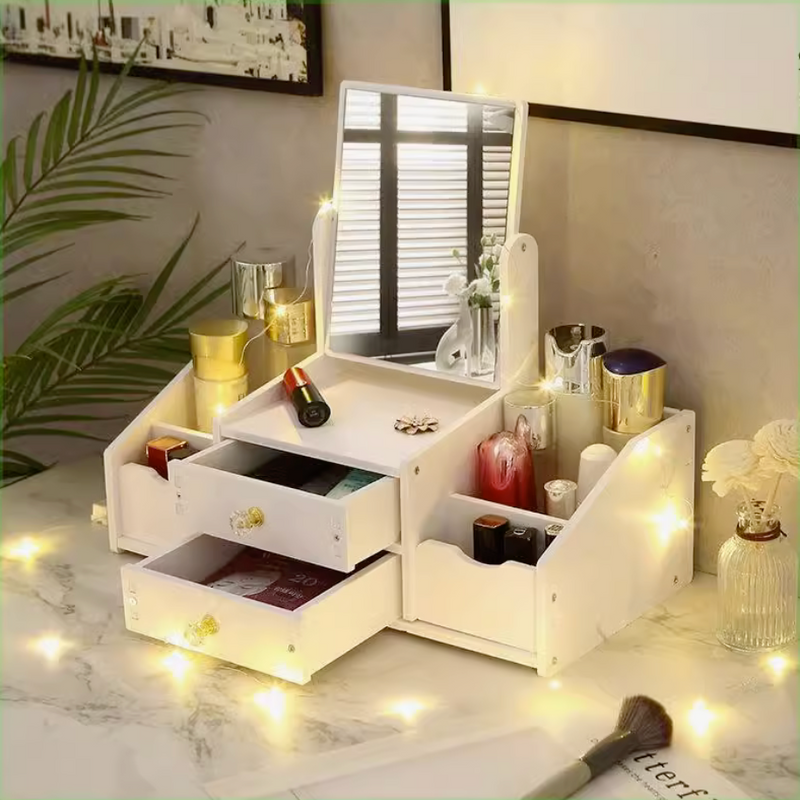 Desktop Cosmetic Storage Box with Square Makeup Mirror Dressing Table Organizer