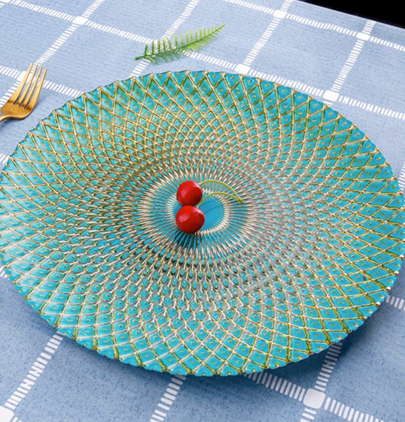 33cm Dining Round Plate Glass Peacock Style