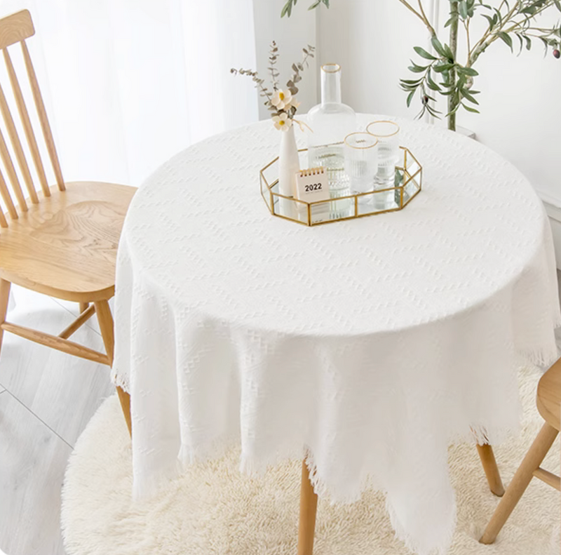 Boho Macrame White Lace Cotton Tablecloth with Tassel