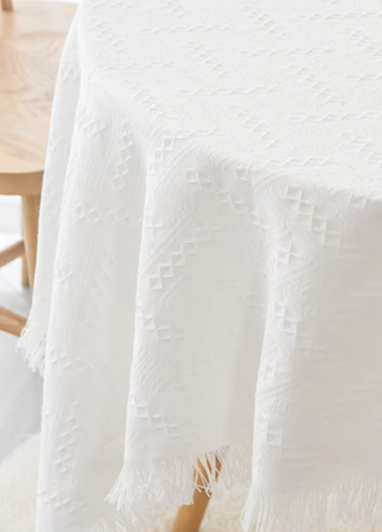 Boho Macrame White Lace Cotton Tablecloth with Tassel