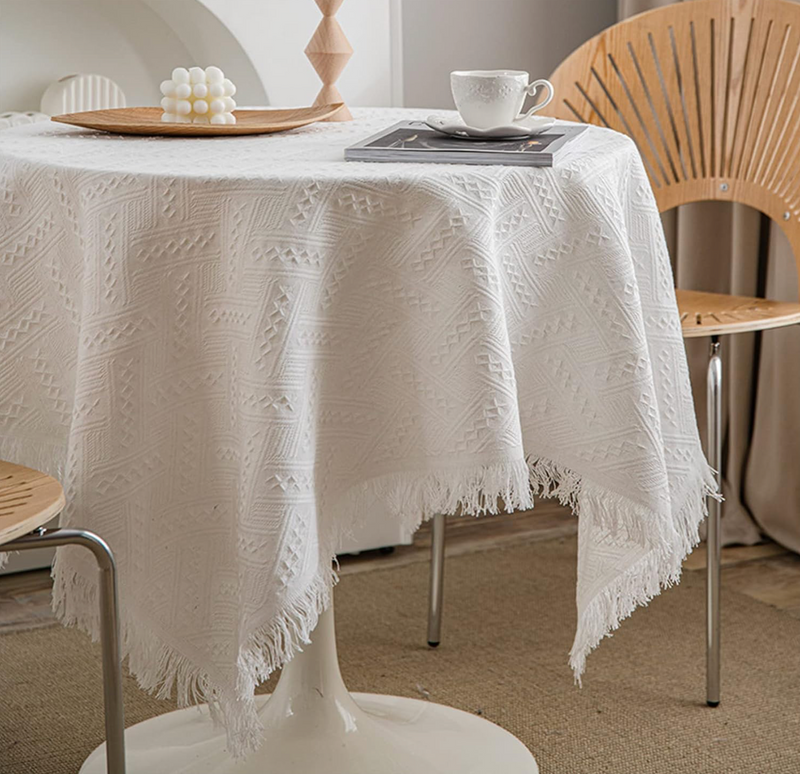 Boho Macrame White Lace Cotton Tablecloth with Tassel