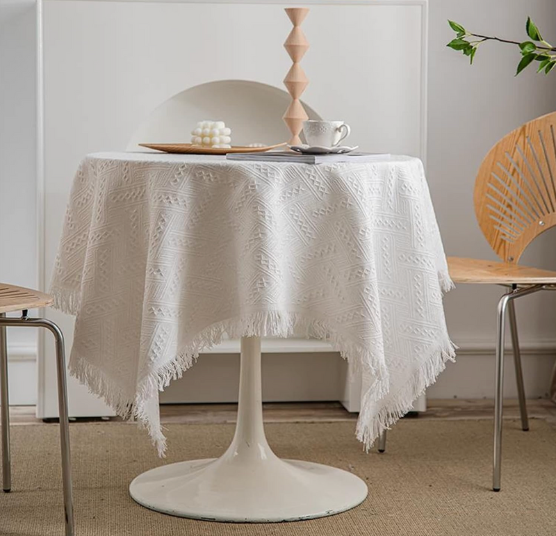 Boho Macrame White Lace Cotton Tablecloth with Tassel