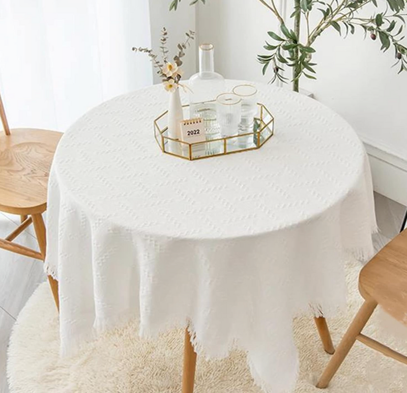 Boho Macrame White Lace Cotton Tablecloth with Tassel