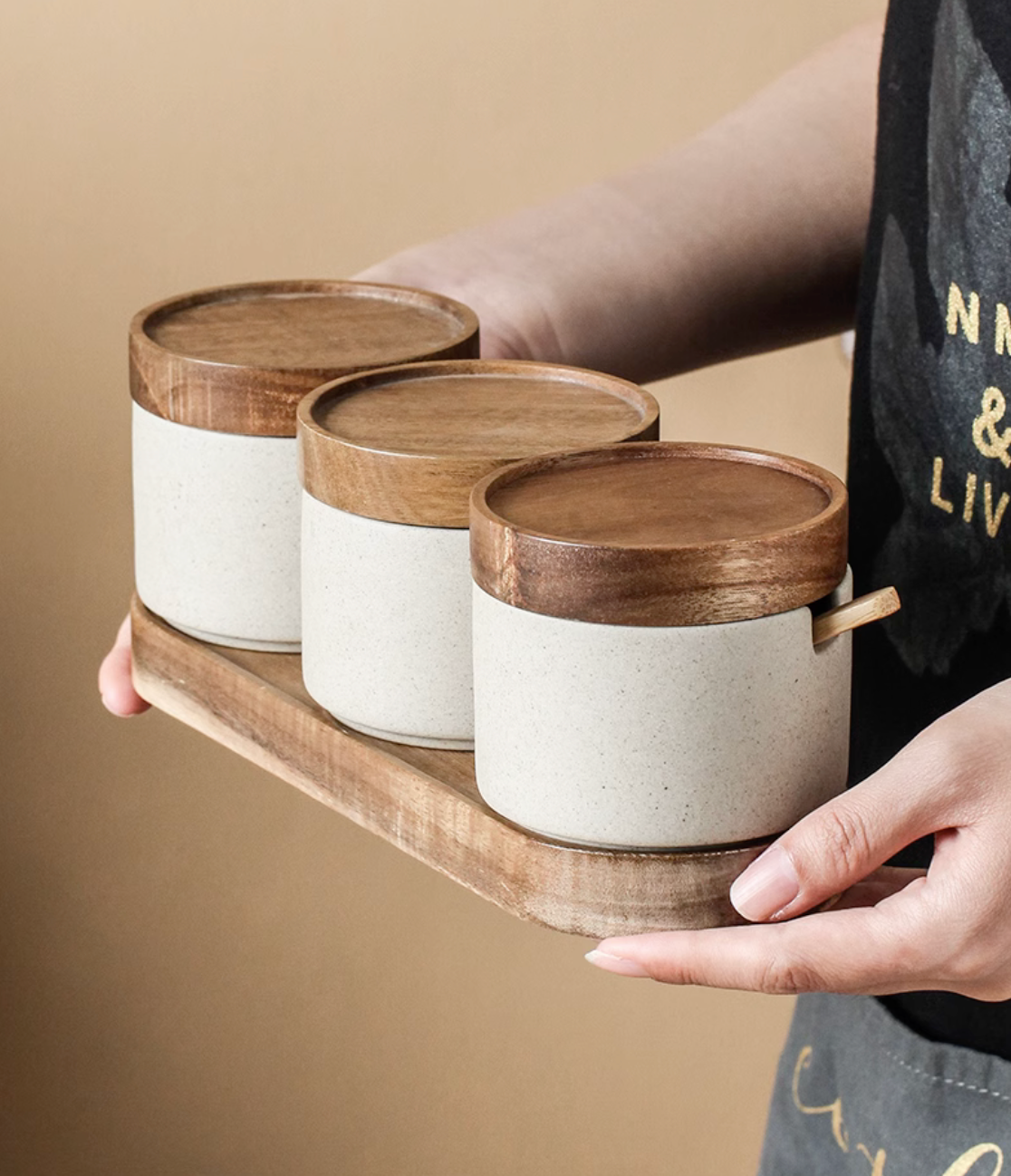 Kitchen Ceramic Seasoning Jar with Wooden Lid and Spoon Salt Pepper Bottle Storage