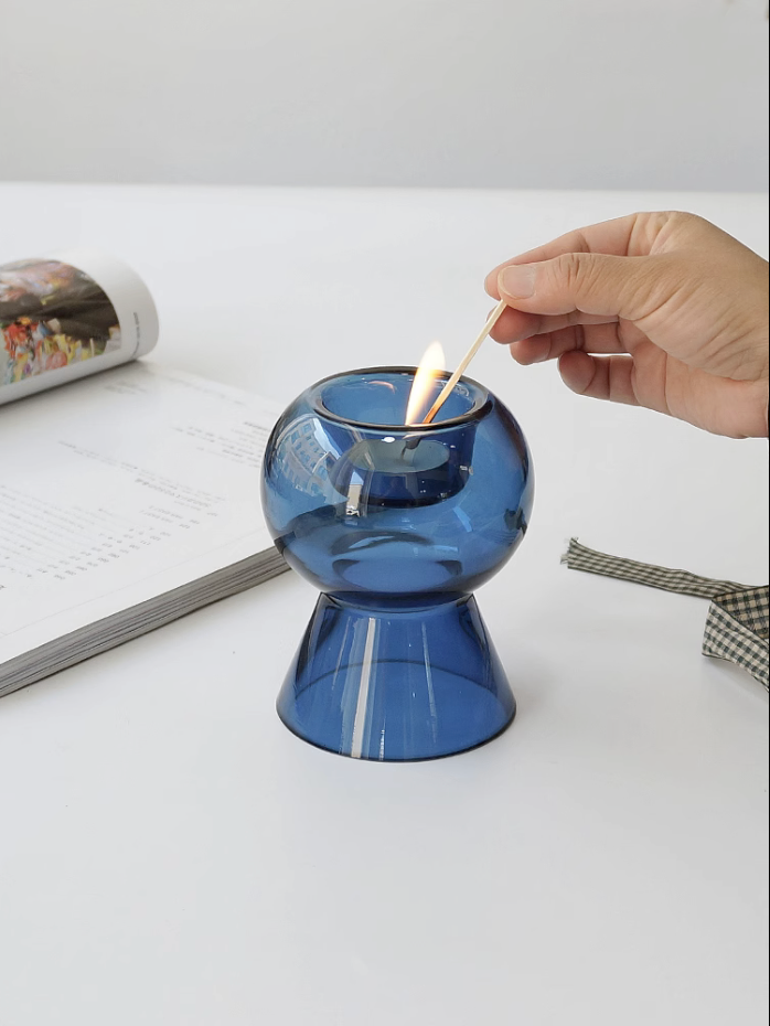 Transparent Blue Multi-functions Glass Candle Holder Flower Tabletop Vase