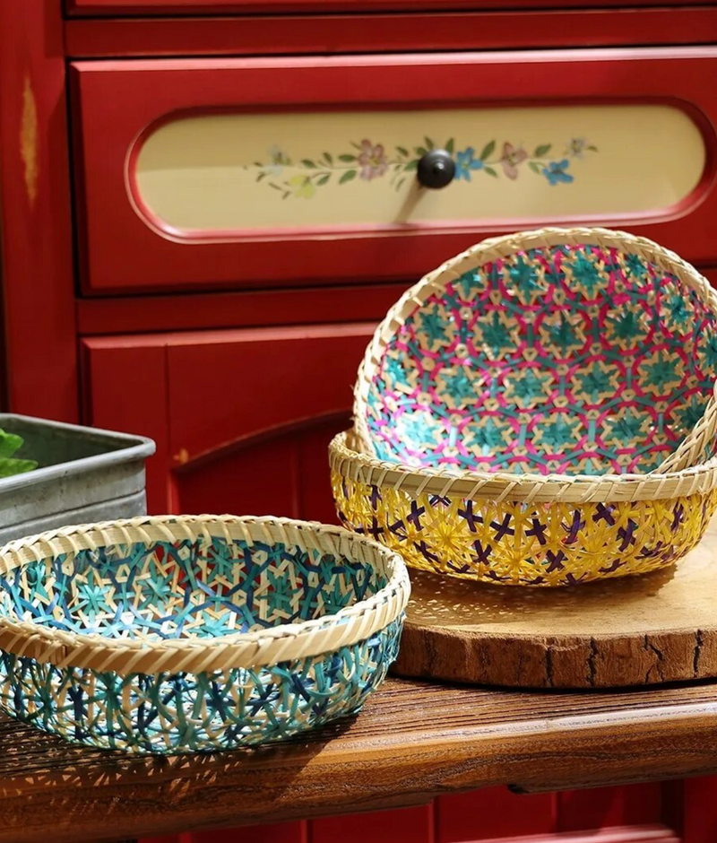 Natural Colorful Woven Round Bamboo Basket Fruit Bowl Storage Tray