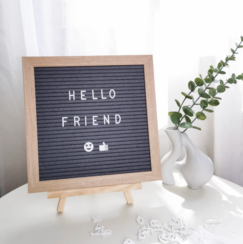 Square Letter Board Natural Oak Wood Frame Grey Background Changeable White Letters